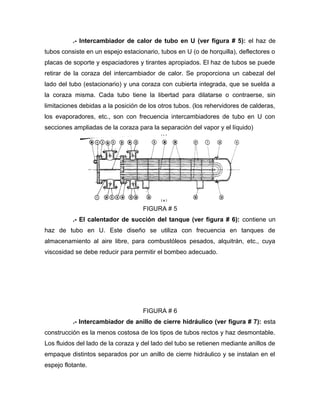 .- Intercambiador de calor de tubo en U (ver figura # 5): el haz de
tubos consiste en un espejo estacionario, tubos en U (o de horquilla), deflectores o
placas de soporte y espaciadores y tirantes apropiados. El haz de tubos se puede
retirar de la coraza del intercambiador de calor. Se proporciona un cabezal del
lado del tubo (estacionario) y una coraza con cubierta integrada, que se suelda a
la coraza misma. Cada tubo tiene la libertad para dilatarse o contraerse, sin
limitaciones debidas a la posición de los otros tubos. (los rehervidores de calderas,
los evaporadores, etc., son con frecuencia intercambiadores de tubo en U con
secciones ampliadas de la coraza para la separación del vapor y el líquido)




                                    FIGURA # 5
          .- El calentador de succión del tanque (ver figura # 6): contiene un
haz de tubo en U. Este diseño se utiliza con frecuencia en tanques de
almacenamiento al aire libre, para combustóleos pesados, alquitrán, etc., cuya
viscosidad se debe reducir para permitir el bombeo adecuado.




                                    FIGURA # 6
          .- Intercambiador de anillo de cierre hidráulico (ver figura # 7): esta
construcción es la menos costosa de los tipos de tubos rectos y haz desmontable.
Los fluidos del lado de la coraza y del lado del tubo se retienen mediante anillos de
empaque distintos separados por un anillo de cierre hidráulico y se instalan en el
espejo flotante.
 