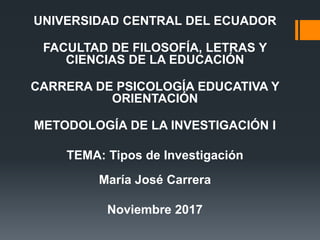 UNIVERSIDAD CENTRAL DEL ECUADOR
FACULTAD DE FILOSOFÍA, LETRAS Y
CIENCIAS DE LA EDUCACIÓN
CARRERA DE PSICOLOGÍA EDUCATIVA Y
ORIENTACIÓN
METODOLOGÍA DE LA INVESTIGACIÓN I
TEMA: Tipos de Investigación
María José Carrera
Noviembre 2017
 