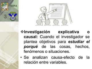 Investigación explicativa o
causal: Cuando el investigador se
plantea objetivos para estudiar el
porqué de las cosas, hechos,
fenómenos o situaciones.
• Se analizan causa-efecto de la
relación entre variables.
 