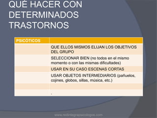 QUÉ HACER CON
DETERMINADOS
TRASTORNOS
www.redintegrapsicologos.com
PSICÓTICOS
QUE ELLOS MISMOS ELIJAN LOS OBJETIVOS
DEL GRUPO
SELECCIONAR BIEN (no todos en el mismo
momento o con las mismas dificultades)
USAR EN SU CASO ESCENAS CORTAS
USAR OBJETOS INTERMEDIARIOS (pañuelos,
cojines, globos, sillas, música, etc.)
.
 