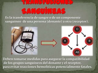 Es la transferencia de sangre o de un componente
sanguíneo de una persona (donante) a otra (receptor).
Deben tomarse medidas para asegurar la compatibilidad
de los grupos sanguíneos del donante y el receptor,
para evitar reacciones hemolíticas potencialmente fatales.
 
