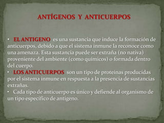 ANTÍGENOS Y ANTICUERPOS
• EL ANTIGENO es una sustancia que induce la formación de
anticuerpos, debido a que el sistema inmune la reconoce como
una amenaza. Esta sustancia puede ser extraña (no nativa)
proveniente del ambiente (como químicos) o formada dentro
del cuerpo.
• LOS ANTICUERPOS son un tipo de proteínas producidas
por el sistema inmune en respuesta a la presencia de sustancias
extrañas.
• Cada tipo de anticuerpo es único y defiende al organismo de
un tipo específico de antígeno.
 