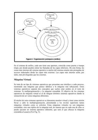 En el sistema de anillos, cada uno tiene una apertura, conocida como puerta o trampa
(trap), por donde pueden entrar las llamadas de las capas inferiores. De esta forma, las
zonas más internas del sistema operativo o núcleo del sistema estarán más protegidas de
accesos indeseados desde las capas más externas. Las capas más internas serán, por
tanto, más privilegiadas que las externas.
Máquina Virtual.
Se trata de un tipo de sistemas operativos que presentan una interface a cada proceso,
mostrando una máquina que parece idéntica a la máquina real subyacente. Estos
sistemas operativos separan dos conceptos que suelen estar unidos en el resto de
sistemas: la multiprogramación y la máquina extendida. El objetivo de los sistemas
operativos de máquina virtual es el de integrar distintos sistemas operativos dando la
sensación de ser varias máquinas diferentes.
El núcleo de estos sistemas operativos se denomina monitor virtual y tiene como misión
llevar a cabo la multiprogramación, presentando a los niveles superiores tantas
máquinas virtuales como se soliciten. Estas máquinas virtuales no son máquinas
extendidas, sino una réplica de la máquina real, de manera que en cada una de ellas se
pueda ejecutar un sistema operativo diferente, que será el que ofrezca la máquina
extendida al usuario (Ver Fig. 5).
 