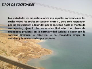 TIPOS DE SOCIEDADES


   Las sociedades de naturaleza mixta son aquellas sociedades en las
   cuales todos los socios se conocen entre sí, pero solo responden
   por las obligaciones adquiridas por la sociedad hasta el monto de
   sus aportes, ejemplo las sociedades limitadas. Las clases de
   sociedades previstas en la normatividad jurídica a saber son la
   sociedad limitada, la colectiva, la en comandita simple, la
   anónima y la en comandita por acciones.




                                   .
 