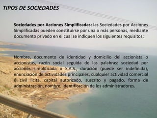 TIPOS DE SOCIEDADES

   Sociedades por Acciones Simplificadas: las Sociedades por Acciones
   Simplificadas pueden constituirse por una o más personas, mediante
   documento privado en el cual se indiquen los siguientes requisitos:



   Nombre, documento de identidad y domicilio del accionista o
   accionistas, razón social seguida de las palabras: sociedad por
   acciones simplificada o S.A.S., duración (puede ser indefinida),
   enunciación de actividades principales, cualquier actividad comercial
   ó civil licita, capital autorizado, suscrito y pagado, forma de
   administración, nombre, identificación de los administradores.


                                     .
 