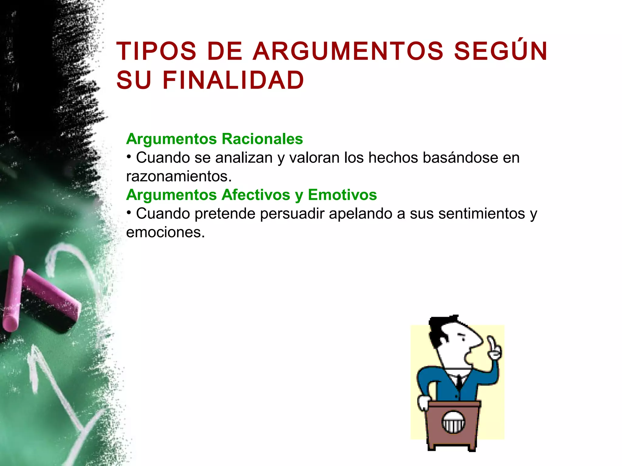 TIPOS DE ARGUMENTOS SEGÚN
SU FINALIDAD

Argumentos Racionales
• Cuando se analizan y valoran los hechos basándose en
razonamientos.
Argumentos Afectivos y Emotivos
• Cuando pretende persuadir apelando a sus sentimientos y
emociones.
 