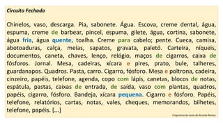 Circuito Fechado
Chinelos, vaso, descarga. Pia, sabonete. Água. Escova, creme dental, água,
espuma, creme de barbear, pincel, espuma, gilete, água, cortina, sabonete,
água fria, água quente, toalha. Creme para cabelo; pente. Cueca, camisa,
abotoaduras, calça, meias, sapatos, gravata, paletó. Carteira, níqueis,
documentos, caneta, chaves, lenço, relógio, maços de cigarros, caixa de
fósforos. Jornal. Mesa, cadeiras, xícara e pires, prato, bule, talheres,
guardanapos. Quadros. Pasta, carro. Cigarro, fósforo. Mesa e poltrona, cadeira,
cinzeiro, papéis, telefone, agenda, copo com lápis, canetas, blocos de notas,
espátula, pastas, caixas de entrada, de saída, vaso com plantas, quadros,
papéis, cigarro, fósforo. Bandeja, xícara pequena. Cigarro e fósforo. Papéis,
telefone, relatórios, cartas, notas, vales, cheques, memorandos, bilhetes,
telefone, papéis. [...]
Fragmento do texto de Ricardo Ramos.
 