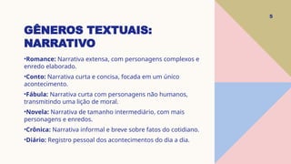 GÊNEROS TEXTUAIS:
NARRATIVO
5
•Romance: Narrativa extensa, com personagens complexos e
enredo elaborado.
•Conto: Narrativa curta e concisa, focada em um único
acontecimento.
•Fábula: Narrativa curta com personagens não humanos,
transmitindo uma lição de moral.
•Novela: Narrativa de tamanho intermediário, com mais
personagens e enredos.
•Crônica: Narrativa informal e breve sobre fatos do cotidiano.
•Diário: Registro pessoal dos acontecimentos do dia a dia.
 