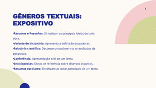 GÊNEROS TEXTUAIS:
EXPOSITIVO
•Resumos e Resenhas: Sintetizam as principais ideias de uma
obra.
•Verbete de dicionário: Apresenta a definição de palavras.
•Relatório científico: Descreve procedimentos e resultados de
pesquisas.
•Conferência: Apresentação oral de um tema.
•Enciclopédias: Obras de referência sobre diversos assuntos.
•Resumos escolares: Sintetizam as ideias principais de um texto.
7
 