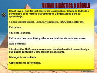 Constituye el tipo textual central de la asignatura. Contiene todos los contenidos de la materia estructurados y organizados para su aprendizaje.  Tienen sentido propio, unitario y completo. TODO debe estar allí.  Estructura.  Título de la unidad. Estructura de contenidos y relaciones relativas de unos con otros. Guía didáctica.  Introducción. OJO, no es un resumen de alta densidad conceptual ya que puede confundir y amedrentar al estudiante.  Bibliografía consultada. Actividades de aprendizaje.  UNIDAD DIDÁCTICA O MÓDULO  