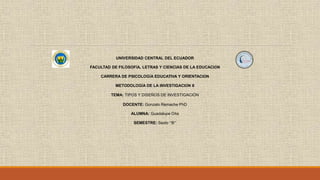 UNIVERSIDAD CENTRAL DEL ECUADOR
FACULTAD DE FILOSOFÍA, LETRAS Y CIENCIAS DE LA EDUCACIÓN
CARRERA DE PSICOLOGÍA EDUCATIVA Y ORIENTACIÓN
METODOLOGÍA DE LA INVESTIGACIÓN II
TEMA: TIPOS Y DISEÑOS DE INVESTIGACIÓN
DOCENTE: Gonzalo Remache PhD
ALUMNA: Guadalupe Oña
SEMESTRE: Sexto ‘‘B’’
 