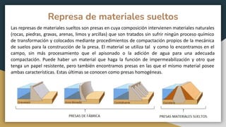 Represa de materiales sueltos
Las represas de materiales sueltos son presas en cuya composición intervienen materiales naturales
(rocas, piedras, gravas, arenas, limos y arcillas) que son tratados sin sufrir ningún proceso químico
de transformación y colocados mediante procedimientos de compactación propios de la mecánica
de suelos para la construcción de la presa. El material se utiliza tal y como lo encontramos en el
campo, sin más procesamiento que el apisonado o la adición de agua para una adecuada
compactación. Puede haber un material que haga la función de impermeabilización y otro que
tenga un papel resistente, pero también encontramos presas en las que el mismo material posee
ambas características. Estas últimas se conocen como presas homogéneas.
 