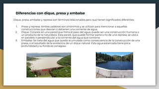 Diferencias con dique, presa y embalse
Dique, presa, embalse y represa son términos relacionados pero que tienen signiﬁcados diferentes:
1. Presa y represa: Ambas palabras son sinónimos y se utilizan para mencionar a aquellas
construcciones que desvían o detienen una corriente de agua.
2. Dique: Consiste en una pared que frena el paso del agua, puede ser una construcción humana o
un producto de la naturaleza. Esta pared, que puede formar parte o no de una represa, se ubica
en paralelo o perpendicular a la corriente del agua que contiene.
3. Embalse: Se trata del agua que queda acumulada como consecuencia de la construcción de una
presa, o el resultado de la existencia de un dique natural. Esta agua estancada tiene poca
profundidad y su fondo es cenagoso.
 