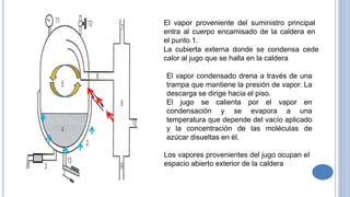 El vapor proveniente del suministro principal
entra al cuerpo encamisado de la caldera en
el punto 1.
La cubierta externa donde se condensa cede
calor al jugo que se halla en la caldera
El vapor condensado drena a través de una
trampa que mantiene la presión de vapor. La
descarga se dirige hacia el piso.
El jugo se calienta por el vapor en
condensación y se evapora a una
temperatura que depende del vacío aplicado
y la concentración de las moléculas de
azúcar disueltas en él.
Los vapores provenientes del jugo ocupan el
espacio abierto exterior de la caldera
 