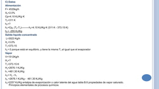 C) Datos
Alimentación
F= 4535kg/h
XF=2.0%
Cp=4.10 KJ/Kg·K
TF=311 K
hF=?
hF=CpF (TF-T1)---------hF=4.10 KJ/Kg·K (311 K - 373.15 K)
hF= -255 KJ/Kg
Salida liquido concentrado
L=3023 Kg/h
XL=3.0%
T1=373.15
hL= 0 porque está en equilibrio, y tiene la misma T1 al igual que el evaporador
Vapor
V=1512Kg/h
Hv=?
T1=373.15 K
Hv=2676.1 KJ/Kg
h1 =461.30 KJ/Kg
λV= Hv - h1
λV =2676.1 KJ/Kg - 461.30 KJ/Kg
λV=2257 KJ/Kg entalpia de evaporización o calor latente del agua tabla B.6 propiedades de vapor saturado.
Principios elementales de procesos químicos
 