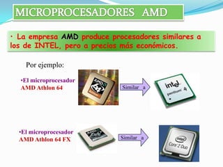 • La empresa AMD produce procesadores similares a
los de INTEL, pero a precios más económicos.

    Por ejemplo:

  •El microprocesador
  AMD Athlon 64             Similar a




  •El microprocesador
  AMD Athlon 64 FX          Similar a
 