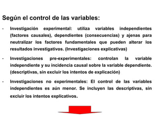 Según el control de las variables:
- Investigación experimental: utiliza variables independientes
(factores causales), dependientes (consecuencias) y ajenas para
neutralizar los factores fundamentales que pueden alterar los
resultados investigativos. (Investigaciones explicativas)
- Investigaciones pre-experimentales: controlan la variable
independiente y su incidencia causal sobre la variable dependiente.
(descriptivas, sin excluir los intentos de explicación)
- Investigaciones no experimentales: El control de las variables
independientes es aún menor. Se incluyen las descriptivas, sin
excluir los intentos explicativos.
 
