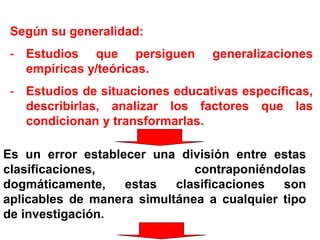 Es un error establecer una división entre estas
clasificaciones, contraponiéndolas
dogmáticamente, estas clasificaciones son
aplicables de manera simultánea a cualquier tipo
de investigación.
Según su generalidad:
- Estudios que persiguen generalizaciones
empíricas y/teóricas.
- Estudios de situaciones educativas específicas,
describirlas, analizar los factores que las
condicionan y transformarlas.
 