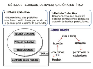  Método deductivo
Razonamiento que posibilita
establecer predicciones partiendo de
lo general para explicar lo particular .
Método Inductivo
Razonamiento que posibilita
obtener conclusiones generales
a partir de hechos particulares.
MÉTODOS TEÓRICOS DE INVESTIGACIÓN CIENTÍFICA
 
