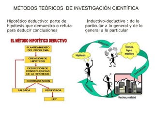 Inductivo-deductivo : de lo
particular a lo general y de lo
general a lo particular
Hipotético deductivo: parte de
hipótesis que demuestra o refuta
para deducir conclusiones
MÉTODOS TEÓRICOS DE INVESTIGACIÓN CIENTÍFICA
 