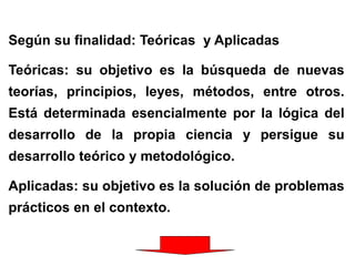 Según su finalidad: Teóricas y Aplicadas
Teóricas: su objetivo es la búsqueda de nuevas
teorías, principios, leyes, métodos, entre otros.
Está determinada esencialmente por la lógica del
desarrollo de la propia ciencia y persigue su
desarrollo teórico y metodológico.
Aplicadas: su objetivo es la solución de problemas
prácticos en el contexto.
 