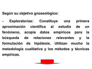 Según su objetivo gnoseológico:
- Exploratorias: Constituye una primera
aproximación científica al estudio de un
fenómeno, acopia datos empíricos para la
búsqueda de relaciones relevantes y la
formulación de hipótesis. Utilizan mucho la
metodología cualitativa y los métodos y técnicas
empíricas.
 