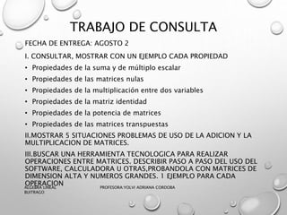 TRABAJO DE CONSULTA
FECHA DE ENTREGA: AGOSTO 2
I. CONSULTAR, MOSTRAR CON UN EJEMPLO CADA PROPIEDAD
• Propiedades de la suma y de múltiplo escalar
• Propiedades de las matrices nulas
• Propiedades de la multiplicación entre dos variables
• Propiedades de la matriz identidad
• Propiedades de la potencia de matrices
• Propiedades de las matrices transpuestas
II.MOSTRAR 5 SITUACIONES PROBLEMAS DE USO DE LA ADICION Y LA
MULTIPLICACION DE MATRICES.
III.BUSCAR UNA HERRAMIENTA TECNOLOGICA PARA REALIZAR
OPERACIONES ENTRE MATRICES. DESCRIBIR PASO A PASO DEL USO DEL
SOFTWARE, CALCULADORA U OTRAS,PROBANDOLA CON MATRICES DE
DIMENSION ALTA Y NUMEROS GRANDES. 1 EJEMPLO PARA CADA
OPERACIONALGEBRA LINEAL PROFESORA:YOLVI ADRIANA CORDOBA
BUITRAGO
