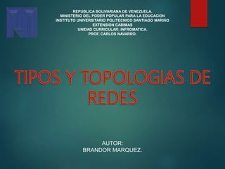 REPUBLICA BOLIVARIANA DE VENEZUELA.
MINISTERIO DEL PODER POPULAR PARA LA EDUCACIÓN
INSTITUTO UNIVERSITARIO POLITECNICO SANTIAGO MARIÑO
EXTENSION CABIMAS
UNIDAD CURRICULAR: INFORMATICA.
PROF. CARLOS NAVARRO.
AUTOR:
BRANDOR MARQUEZ.
 