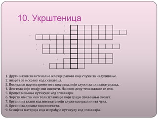 10. Укрштеница
1
2
3
4
5
6
7
8
9
1. Други назив за антеналне жлезде ракова које служе за излучивање.
2. Апарат за исхрану код скакаваца.
3. Последњи пар екстремитета код рака, који служи за пливање уназад.
4. Део тела који имају сви инсекти. На овом делу тела налазе се очи.
5. Процес мењања кутикуле код зглавкара.
6. Чврсти омотач око тела зглавкара који гради спољашњи скелет.
7. Органи на глави код инсеката који служе као различита чула.
8. Органи за дисање код инсеката.
9. Хемијска материја која изграђује кутикулу код зглавкара.
 
