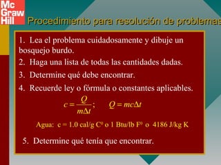 Procedimiento para resolución de problemasProcedimiento para resolución de problemas
;
Q
c Q mc t
m t
= = ∆
∆
Agua: c = 1.0 cal/g C0
o 1 Btu/lb F0
o 4186 J/kg K
1. Lea el problema cuidadosamente y dibuje un
bosquejo burdo.
2. Haga una lista de todas las cantidades dadas.
3. Determine qué debe encontrar.
4. Recuerde ley o fórmula o constantes aplicables.
5. Determine qué tenía que encontrar.
 