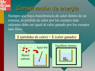 Conservación de energíaConservación de energía
Siempre que haya transferencia de calor dentro de un
sistema, la pérdida de calor por los cuerpos más
calientes debe ser igual al calor ganado por los cuerpos
más fríos:
Hierro
caliente
Agua fría
Equilibrio térmico
Σ (pérdidas de calor) = Σ (calor ganado)Σ (pérdidas de calor) = Σ (calor ganado)
 