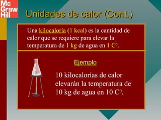 Unidades de calor (Cont.)Unidades de calor (Cont.)
10 kilocalorías de calor
elevarán la temperatura de
10 kg de agua en 10 C0
.
EjemploEjemplo
Una kilocaloría (1 kcal) es la cantidad de
calor que se requiere para elevar la
temperatura de 1 kg de agua en 1 C0
.
 