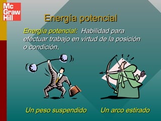Energía potencial
Energía potencial: Habilidad para
efectuar trabajo en virtud de la posición
o condición.
condición

Un peso suspendido

Un arco estirado

 