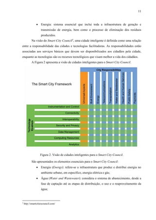 11
 Energia: sistema essencial que inclui toda a infraestrutura de geração e
transmissão de energia, bem como o processo de eliminação dos resíduos
produzidos.
Na visão do Smart City Council3
, uma cidade inteligente é definida como uma relação
entre a responsabilidade das cidades e tecnologias facilitadoras. As responsabilidades estão
associadas aos serviços básicos que devem ser disponibilizados aos cidadãos pela cidade,
enquanto as tecnologias são os recursos tecnológicos que visam melhor a vida dos cidadãos.
A Figura 2 apresenta a visão de cidades inteligentes para o Smart City Council.
Figura 2. Visão de cidades inteligentes para o Smart City Council.
São apresentados os elementos essenciais para o Smart City Council:
 Energia (Energy): refere-se a infraestrutura que produz e distribui energia no
ambiente urbano, em específico, energia elétrica e gás;
 Água (Water and Wastewater): considera o sistema de abastecimento, desde a
fase de captação até as etapas de distribuição, o uso e o reaproveitamento da
água;
3
http://smartcitiescouncil.com/
 