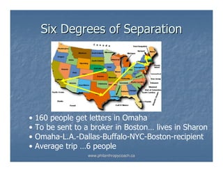 Six Degrees of Separation




•   160 people get letters in Omaha
•   To be sent to a broker in Boston… lives in Sharon
•   Omaha-L.A.-Dallas-Buffalo-NYC-Boston-recipient
•   Average trip …6 people
                   www.philanthropycoach.ca
 