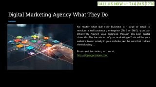 Digital Marketing Agency What They Do
No matter what size your business is - large or small to
medium sized business / enterprise (SMB or SME) - you can
effectively market your business through low-cost digital
channels. The foundation of your marketing efforts will be your
website. Invest wisely in your website, and be sure that it does
the following: ...
For more information, visit us at
http://tippingpointpro.com
CALL US NOW +1 714-815-7770
 