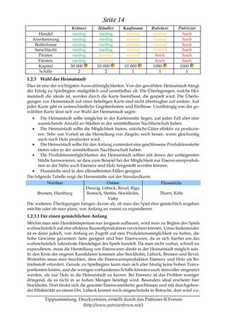 Seite 14
                        Krämer        Händler      Kaufmann       Ratsherr      Patrizier
     Handel             niedrig       niedrig       normal         normal         hoch
  Anerkennung           niedrig       niedrig       normal         normal         hoch
   Bedürfnisse          niedrig       niedrig       normal         normal         hoch
   Seeschlacht          niedrig       niedrig       normal         normal         hoch
     Piraten            niedrig       normal        normal          hoch          hoch
     Fürsten            niedrig       normal        normal          hoch          hoch
     Kapital           30 000        10 000        10 000         1000           1000
     Schiffe               2             2             1              1             1
1.2.3 Wahl der Heimatstadt
Dies ist eine der wichtigsten Auswahlmöglichkeiten. Von der gewählten Heimatstadt hängt
der Erfolg zu Spielbeginn maßgeblich und unmittelbar ab. Die Überlegungen, welche Hei-
matstadt die ideale ist, werden durch die Karte beeinflusst, die gespielt wird. Die Überle-
gungen zur Heimatstadt auf einer beliebigen Karte sind nicht übertragbar auf andere. Auf
jeder Karte gibt es unterschiedliche Gegebenheiten und Einflüsse. Unabhängig von der ge-
wählten Karte lässt sich zur Wahl der Heimatstadt sagen:
        Die Heimatstadt sollte möglichst in der Kartenmitte liegen, auf jeden Fall aber eine
      ausreichende Anzahl an Städten in der unmittelbaren Nachbarschaft haben.
        Die Heimatstadt sollte die Möglichkeit bieten, nützliche Güter effektiv zu produzie-
      ren. Sehr von Vorteil ist die Herstellung von Ziegeln; noch besser, wenn gleichzeitig
      auch noch Holz produziert wird.
        Die Heimatstadt sollte für den Anfang zumindest eine geschlossene Produktionskette
      bieten oder in der unmittelbaren Nachbarschaft haben.
        Die Produktionsmöglichkeiten der Heimatstadt sollten mit denen der umliegenden
      Städte harmonieren, so dass zum Beispiel bei der Möglichkeit zur Eisenwarenproduk-
      tion in der Nähe auch Eisenerz und Holz hergestellt werden können.
        Flussstädte sind in den allerseltensten Fällen geeignet.
Die folgende Tabelle zeigt die Hansestädte auf der Standardkarte.
            Nordsee                          Ostsee                     Flussstädte
                                 Danzig, Lübeck, Reval, Riga,
      Bremen, Hamburg            Rostock, Stettin, Stockholm,          Thorn, Köln
                                             Visby
Die weiteren Überlegungen hängen davon ab, ob man das Spiel eher gemächlich angehen
möchte oder ob man plant, von Anfang an rasant zu expandieren.
1.2.3.1 Für einen gemächlichen Anfang
Möchte man sein Handelsimperium nur langsam aufbauen, wird man zu Beginn des Spiels
wahrscheinlich auf eine effektive Baustoffproduktion verzichten können. Umso bedeutender
ist es dann jedoch, von Anfang an Zugriff auf eine Produktionsmöglichkeit zu haben, die
hohe Gewinne garantiert. Sehr geeignet sind hier Eisenwaren, da es sich hierbei um das
wahrscheinlich lukrativste Handelsgut des Spiels handelt. Da man nicht vorhat, schnell zu
expandieren, muss die Herstellung von Eisenwaren direkt in der Heimatstadt möglich sein.
In den Kreis der engeren Kandidaten kommen also Stockholm, Lübeck, Bremen und Reval.
Weiterhin muss man beachten, dass die Eisenwarenproduktion Eisenerz und Holz als Be-
triebsstoff erfordert. Gerade zu Spielbeginn kann man sich aber häufig keine hohen Tran s-
portkosten leisten, und die wenigen vorhandenen Schiffe könnten auch sinnvoller eingesetzt
werden, als nur Holz in die Heimatstadt zu karren. Bei Eisenerz ist das Problem weniger
dringend, da es nicht in so hohen Mengen benötigt wird. Besonders ideal erscheint hier
Stockholm. Dort findet sich die gesamte Eisenwarenkette geschlossen und mit durchgehen-
der Effektivität an einem Ort. Lübeck kommt noch eingeschränkt in Betracht, dort wird z u-

         Tippsammlung, Druckversion, erstellt durch das Patrizier-II-Forum
                         (http://www.patrizierforum.net/)
 