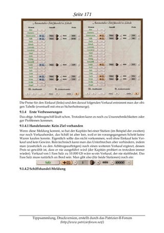 Seite 171




Die Preise für den Einkauf (links) und den darauf folgenden Verkauf entnimmt man der obi-
gen Tabelle (eventuell mit etwas Sicherheitsmarge).
9.1.4 Erste Verbesserungen
Das obige Arbitrageschiff läuft schon. Trotzdem kann es noch zu Unannehmlichkeiten oder
gar Problemen kommen.
9.1.4.1 Handelsroute: Kein Ziel vorhanden
Wenn diese Meldung kommt, so hat der Kapitän bei einer Station (im Beispiel der zweiten)
nur noch Verkaufsorder, das Schiff ist aber leer, weil er im vorangegangenen Schritt keine
Waren kaufen konnte. Eigentlich sollte das nicht vorkommen, weil ohne Einkauf kein Ver-
kauf und kein Gewinn. Rein technisch kann man das Unterbrechen aber verhindern, indem
man (zusätzlich zu den Arbitrageaufträgen) noch einen weiteren Verkauf ergänzt, dessen
Preis so gewählt ist, dass er nie ausgeführt wird (der Kapitän probiert es trotzdem immer
wieder). Verkauf von 1 Fass Salz zu 10.000 GS wäre so ein Verkauf, der nie stattfindet. Das
Fass Salz muss natürlich an Bord sein. Man gibt also (für beide Stationen) noch ein:


9.1.4.2 Schiffshandel-Meldung




         Tippsammlung, Druckversion, erstellt durch das Patrizier-II-Forum
                         (http://www.patrizierforum.net/)
 