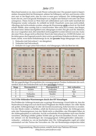 Seite 173
Manchmal kommt es vor, dass zuviele Waren vorhanden sind. Das passiert meist in Import-
städten (hauptsächlich bei Weinimport, seltener bei Fellimport, mit Salz und Gewürz arbit-
riert man in der Regel nicht, aber da wäre es sonst ganz schlimm). Der Arbitragekapitän
kauft also ein, und weil gerade Weinimport war, beginnt sein Einkauf weit unter der Preis-
untergrenze. Dieses Zuviel an Wein lässt sich selbstredend auch nicht mehr innerhalb der
Preisspanne wieder verkaufen. Es verbleibt im Schiff. Dauerhaft, wenn man nicht entlädt.
Allerdings darf nicht entladen werden, solange die Warenmenge nicht zu hoch ist. Ein Kniff
schafft Abhilfe, ohne unnötig Zeit zu verschwenden. Man muss dazu wissen, dass Stopps,
bei denen keine Aktion durchgeführt wird, übergangen werden. Das gilt auch für Aktionen,
die zwar vorgesehen sind, aber tatsächlich nicht ausgeführt werden können (wie das Ausla-
den einer Ware, die gar nicht an Bord ist). Durch den Salzverkauf (zu 10.000 GS) hatten wir
bis dahin genau das Gegenteil erreicht. Jetzt wird er gezielt beim Entladen ins Kontor wegge-
lassen, damit, wenn keine Entlademenge da ist, der gesamte Stopp übergangen wird. Also:
  1. Einkaufen (mit Salzverkauf = nie übergehen)
  2. Verkaufen (mit Salzverkauf)
  3. Entladen ins Lager (ohne Salzverkauf, wird übergangen, falls das Boot leer ist)




Mit den gegenläufigen Warenpaletten des vorangegangenen Punktes funktioniert das auch,
nämlich durch den Entladeschritt nach dem jeweiligen Verkauf.
  Stopp        Warenpalette 1            Warenpalette 2          Salz verkaufen
    1               Kaufen                  Verkaufen                   Ja
    2               ———                     Entladen                  Nein
    3             Verkaufen                  Kaufen                     Ja
    4              Entladen                  ———                      Nein
9.1.5.3 Die fehlenden Warenmengen durch den KV hinzufügen
Das Problem der Arbitrage ist meist eine zu geringe Warenmenge. Grund dafür ist, dass der
Stadtverbrauch steigt und auch die KI durch Wegkäufe den Markt entleert. Ein voller Markt
mit großen Arbitragemengen ist aber die Grundvoraussetzung, hohe Gewinne zu erzielen.
Um den Markt wieder zu befüllen, erhält der Kontorverwalter Order, die Arbitragewaren
nahe den Preisuntergrenzen (um den Markt nicht zu überfüllen, eine Winzigkeit höher als
der Arbitragekapitän) zu verkaufen. Auf die wechselnden Warenpaletten muss man hierbei
verzichten, allerdings erfüllen größere Schiffe oder gar Konvois denselben Zweck. Anson s-
ten nehmen wir die Einstellungen des vorangegangenen Arbitragehändlers (einkaufen –
verkaufen – entladen) so, wie sie beschrieben sind. Der Arbitragekapitän regelt sich dabei
automatisch auf den Turnus des Verwalters ein. Die vier Routenstopps entsprechen dabei

         Tippsammlung, Druckversion, erstellt durch das Patrizier-II-Forum
                         (http://www.patrizierforum.net/)
 