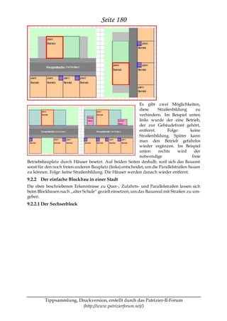 Seite 180




                                                            Es gibt zwei Möglichkeiten,
                                                            diese     Straßenbildung       zu
                                                            verhindern. Im Beispiel unten
                                                            links wurde der eine Betrieb,
                                                            der zur Gebäudefront gehört,
                                                            entfernt.      Folge:       keine
                                                            Straßenbildung. Später kann
                                                            man den Betrieb gefahrlos
                                                            wieder ergänzen. Im Beispiel
                                                            unten     rechts      wird    der
                                                            notwendige                   freie
Betriebsbauplatz durch Häuser besetzt. Auf beiden Seiten deshalb, weil sich das Bauamt
sonst für den noch freien anderen Bauplatz (links) entscheidet, um die Parallelstraßen bauen
zu können. Folge: keine Straßenbildung. Die Häuser werden danach wieder entfernt.
9.2.2 Der einfache Blockbau in einer Stadt
Die eben beschriebenen Erkenntnisse zu Quer-, Zufahrts- und Parallelstraßen lassen sich
beim Blockbauen nach „alter Schule― gezielt einsetzen, um das Bauareal mit Straßen zu um-
geben.
9.2.2.1 Der Sechserblock




         Tippsammlung, Druckversion, erstellt durch das Patrizier-II-Forum
                         (http://www.patrizierforum.net/)
 