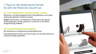 7 Tipps für den Multichannel-Handel:
So sieht der Retail der Zukunft aus
TIPP 7: WETTBEWERBSVORTEILE DURCH MULTICHANNEL-TRACKING
Monitoring- und Steuerungstools führen Shop-Betreiber zum Kunden
entlang der gesamten Customer Journey.
Vorteil: Erkenntnisse, zum Beispiel zur Performance der eigenen
Online-Kampagne, werden gewonnen und können in die weitere  
Budget-Planung einfließen.
FAZIT: EINZIGARTIGE EINKAUFSWELTEN SCHAFFEN
Der Schlüssel zur Kundenbindung heißt Multichannel.
Einkaufserlebnisse werden durch den Einsatz und die Verknüpfung von
mehreren Kanälen geschaffen.
© www.twt.de
Quellenangabe: cio.de
 