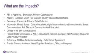 © Grant Thornton LLP. All rights reserved. 7
• FBI v. Apple Inc.- Encryption, Privacy, Cybersecurity
• Apple v. European Union- Tax Evasion, country-specific tax loopholes
• Germany v. Facebook -Privacy, Data Collection
• Microsoft v. United States - Data privacy laws, digital information stored internationally, Stored
Communications Act, Electronic Communication Privacy Act
• Google v. the EU - Antitrust Laws
• Federal Trade Commission v. AT&T - Broadband, Telecom Company, Net Neutrality, Customer
Data Privacy/Protection
• Schrems v. EU Data Protection Authority - Safe Harbor Agreement
• Frontier Communications v. West Virginia - Broadband, Telecom Company
What are the impacts?
 