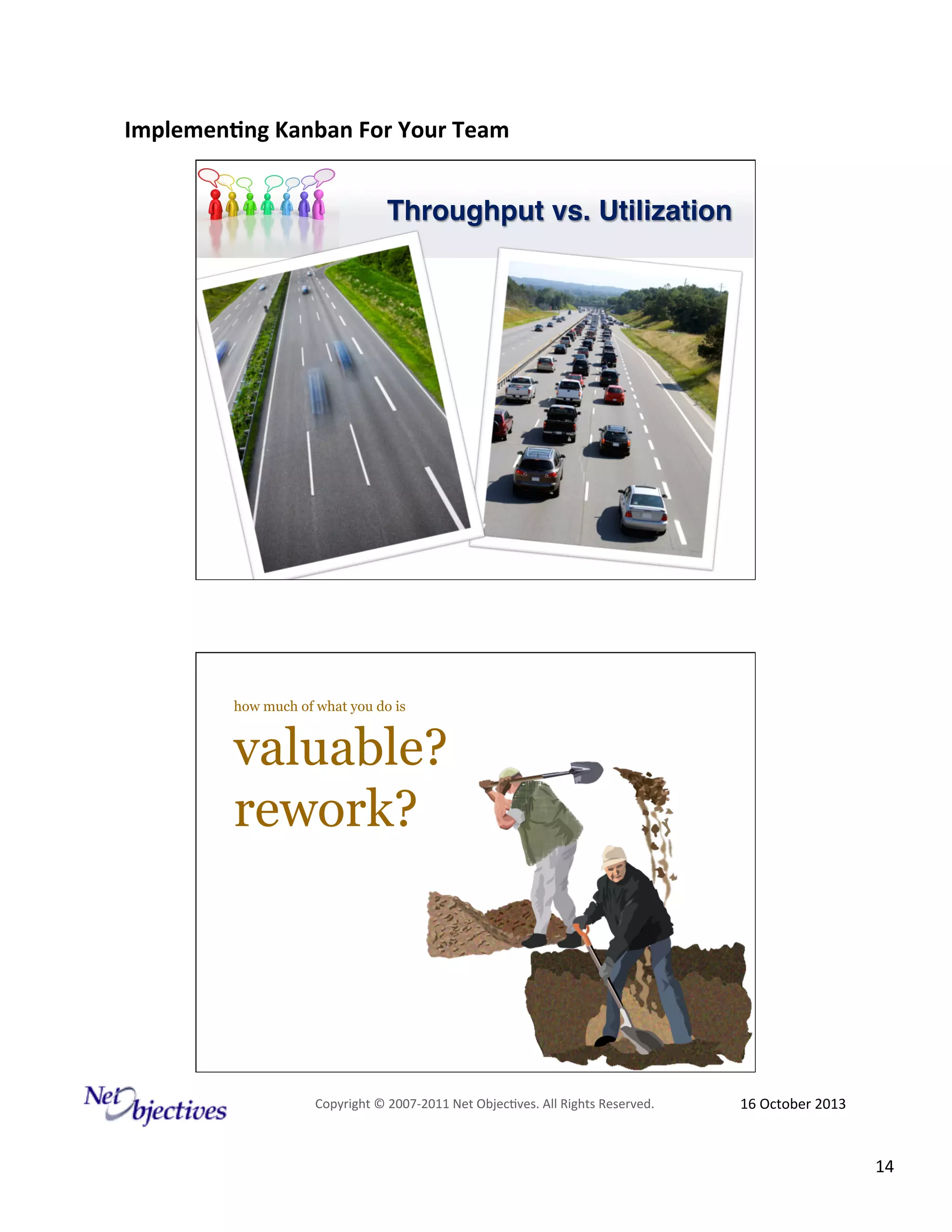 Implemen'ng)Kanban)For)Your)Team)
)

Throughput vs. Utilization!

how much of what you do is

valuable?
rework?

Copyright#©#200762011#Net#Objec9ves.#All#Rights#Reserved.#

16#October#2013#

14#

 