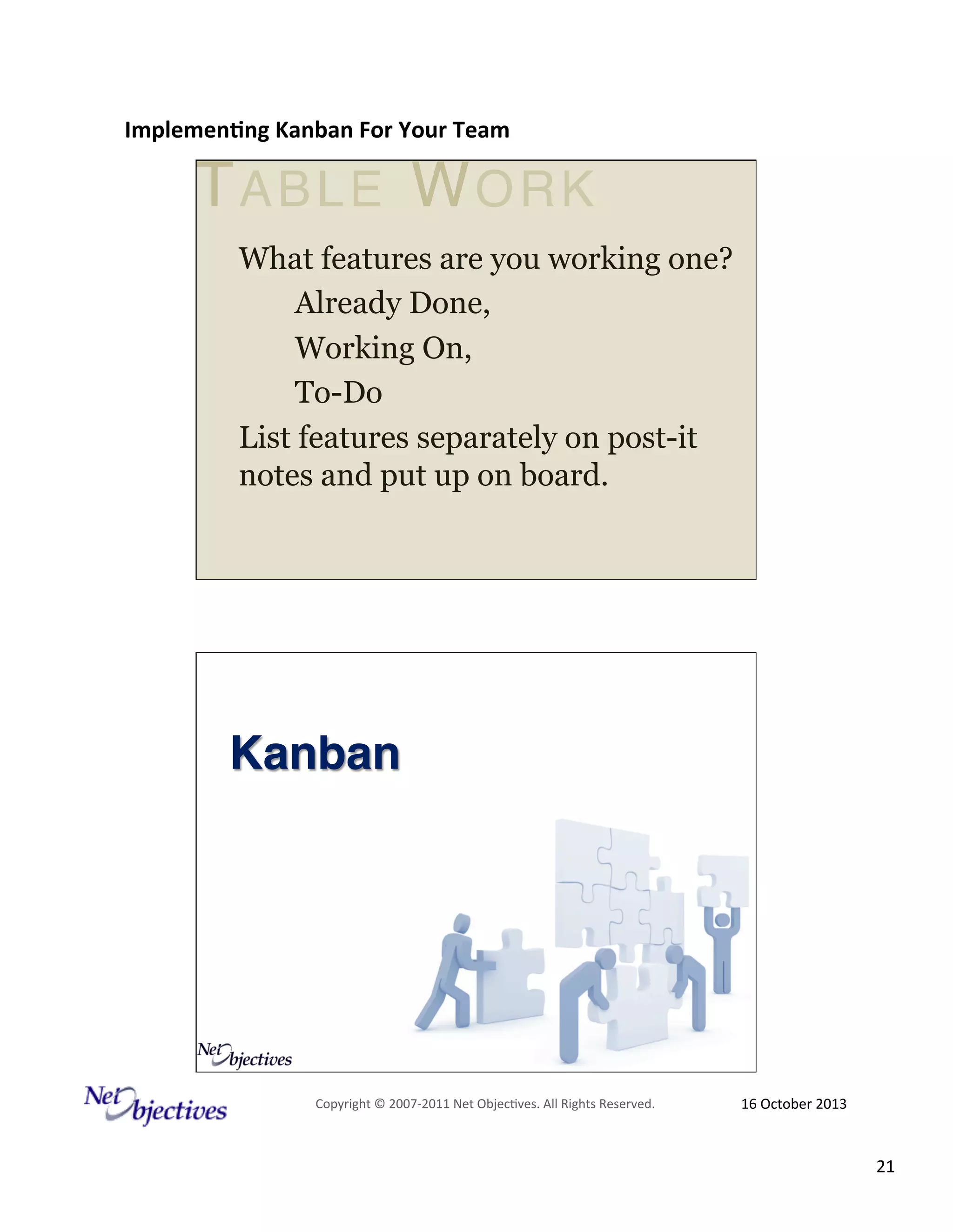Implemen'ng)Kanban)For)Your)Team)
)

TABLE WORK"
What features are you working one?
Already Done,
Working On,
To-Do
List features separately on post-it
notes and put up on board.

Kanban!

Copyright#©#200762011#Net#Objec9ves.#All#Rights#Reserved.#

16#October#2013#

21#

 