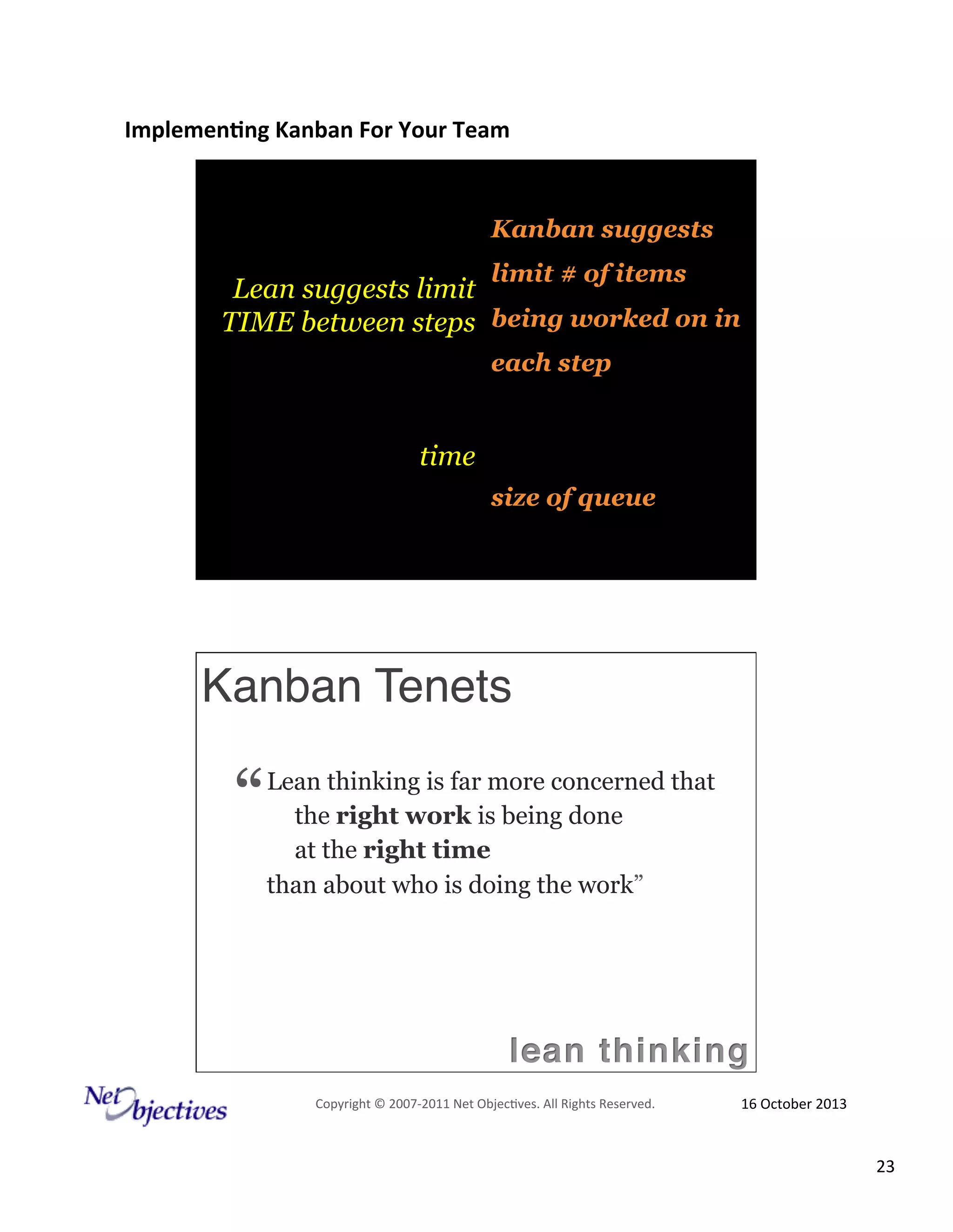 Implemen'ng)Kanban)For)Your)Team)
)
Kanban suggests
limit # of items

Lean suggests limit
TIME between steps being worked on in
each step

time
size of queue

Kanban Tenets"

“

Lean thinking is far more concerned that
the right work is being done
at the right time
than about who is doing the work”

Copyright#©#200762011#Net#Objec9ves.#All#Rights#Reserved.#

16#October#2013#

23#

 