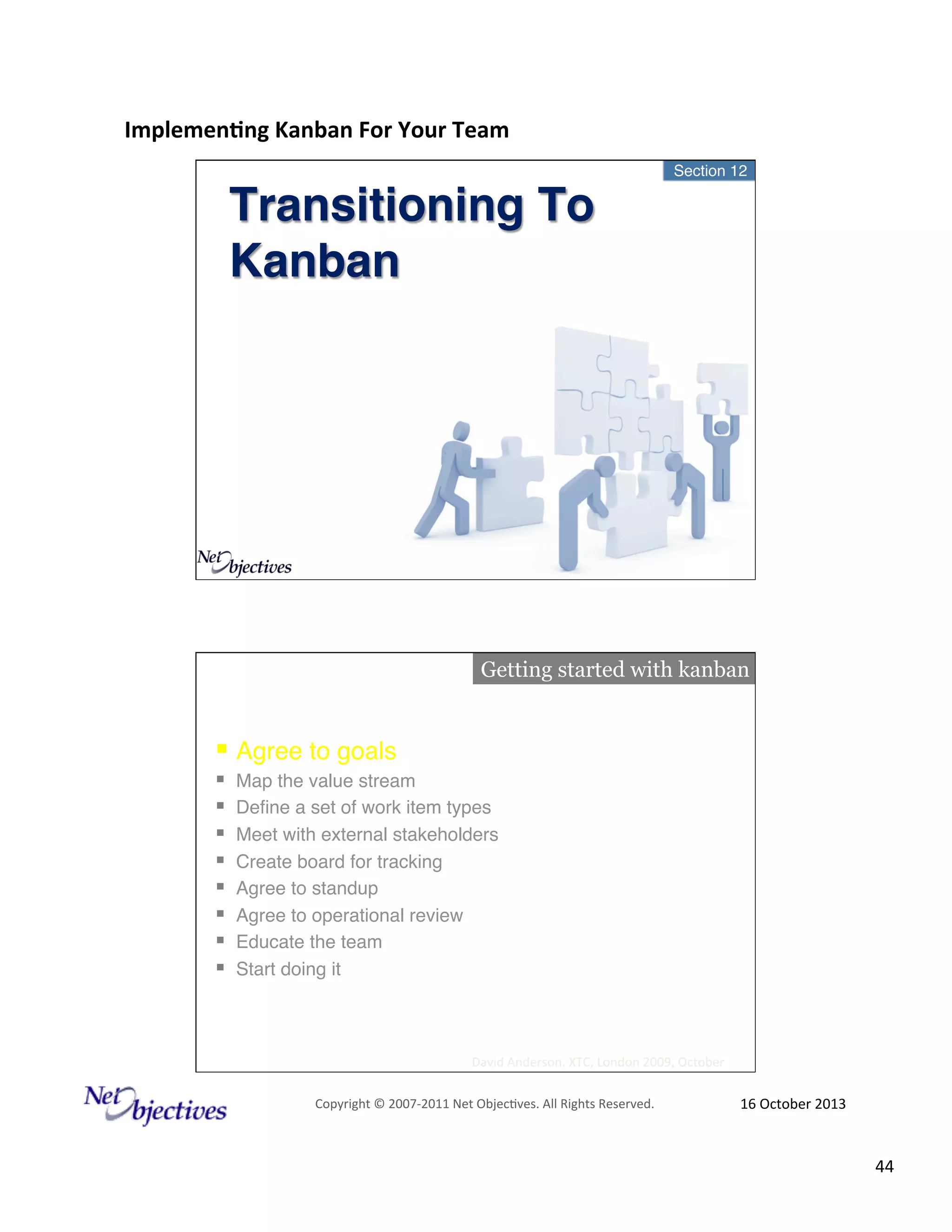 Implemen'ng)Kanban)For)Your)Team)
)

Section 12"

Transitioning To
Kanban!

Getting started with kanban

!  Agree to goals"
! 
! 
! 
! 
! 
! 
! 
! 

Map the value stream"
Deﬁne a set of work item types"
Meet with external stakeholders"
Create board for tracking"
Agree to standup"
Agree to operational review"
Educate the team"
Start doing it"

David#Anderson.#XTC,#London#2009,#October#
Copyright#©#200762011#Net#Objec9ves.#All#Rights#Reserved.#

16#October#2013#

44#

 