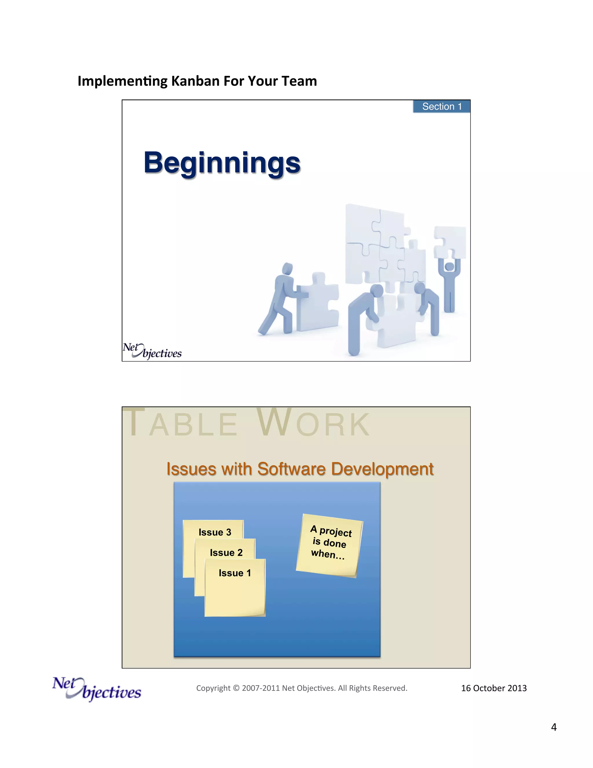 Implemen'ng)Kanban)For)Your)Team)
)

Section 1"

Beginnings!

TABLE WORK"
Issues with Software Development"

Issue 3
Issue 2

A projec
t
is done
when…

Issue 1

Copyright#©#200762011#Net#Objec9ves.#All#Rights#Reserved.#

16#October#2013#

4#

 