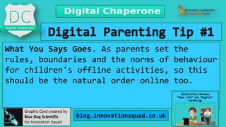 What You Says Goes. As parents set the
rules, boundaries and the norms of behaviour
for children's offline activities, so this
should be the natural order online too.
Graphic Card created by
Blue Dog Scientific
for Innovation Squad
blog.innovationsquad.co.uk
 