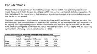 16
Considerations
The Federal Reserve QE activities are deemed to have a large influence on TIPS yield (potentially larger than on
regular Treasuries). If that is the case, it would depress TIPS yield and increase the related Inflation Expectation. The
latter is at odds with the Federal Reserve (Fed) objectives. Nevertheless, this could be an unintended consequence
that the Fed has not resolved.
The data is a bit ambivalent. It indicates that in average, the 7 year and 10 year Inflation Expectation are higher than
Actual Inflation. And, that this difference is very statistically significant but not very large (0.14% for 7 year and 0.27%
for 10 year). This supports the hypothesis that the Fed influences TIPS more than regular Treasuries. On the other
hand, when considering the 5 year horizon, the average Inflation Expectation is lower ( (-0.11%). And, it is statistically
significant only when using a lenient Alpha threshold of < 0.10).
 