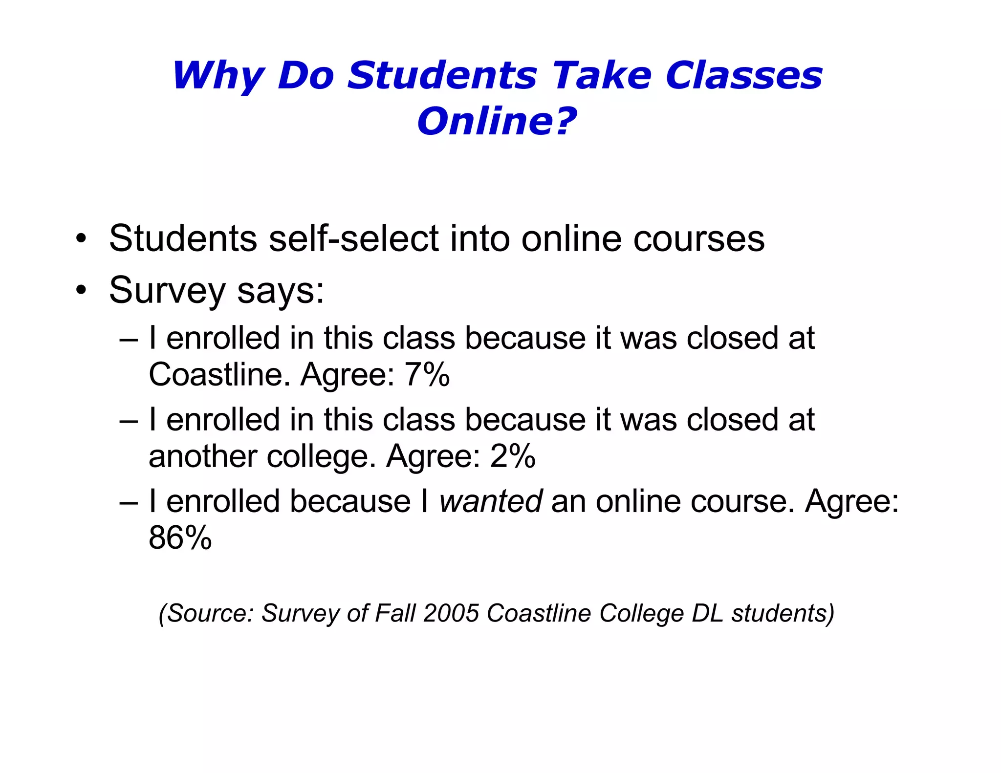 Why Do Students Take Classes Online? Students self-select into online courses Survey says: I enrolled in this class because it was closed at Coastline. Agree: 7% I enrolled in this class because it was closed at another college. Agree: 2% I enrolled because I  wanted  an online course. Agree: 86% (Source: Survey of Fall 2005 Coastline College DL students) 